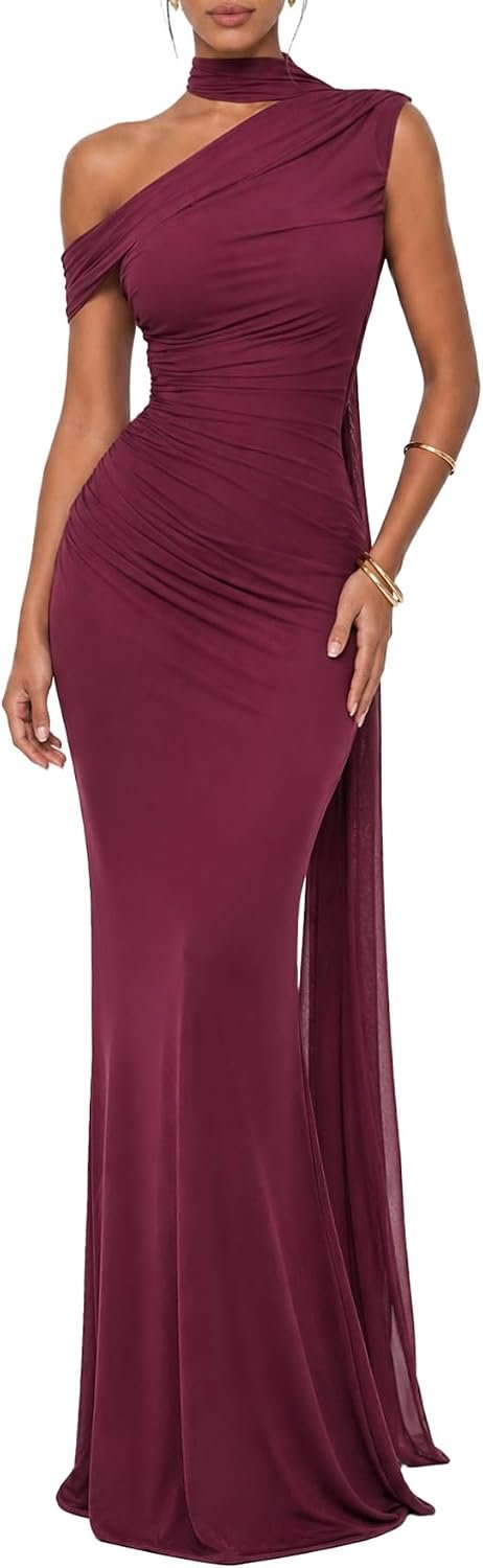 Best evening gown – Isolde Women's One Shoulder Mesh Ribbon Ruched Formal