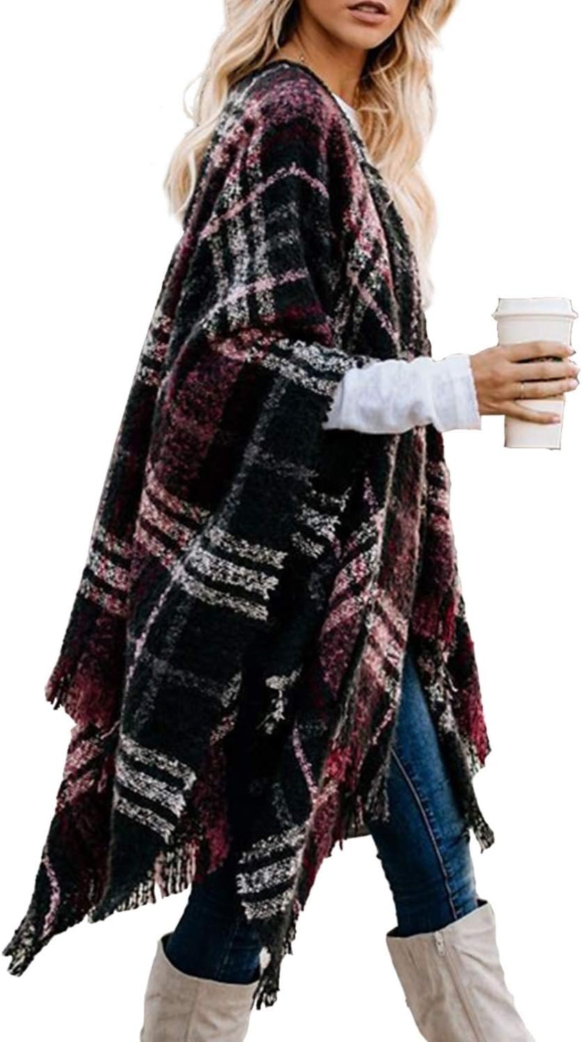 Best knit poncho – Bestshe Women's Boho Open Front Poncho Cardigan Plaid