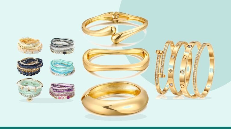 Best stackable bangle bracelet – Chunky Gold Bangle Bracelets for Women, Dainty 14k